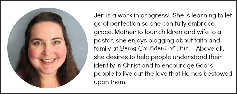 Being Confident of This is a website devoted to grace for the work-in-progress woman. Jen is learning to let go of perfection so she can fully embrace grace. She desires to help women from all walks of life understand their identity in Christ and find freedom in it!